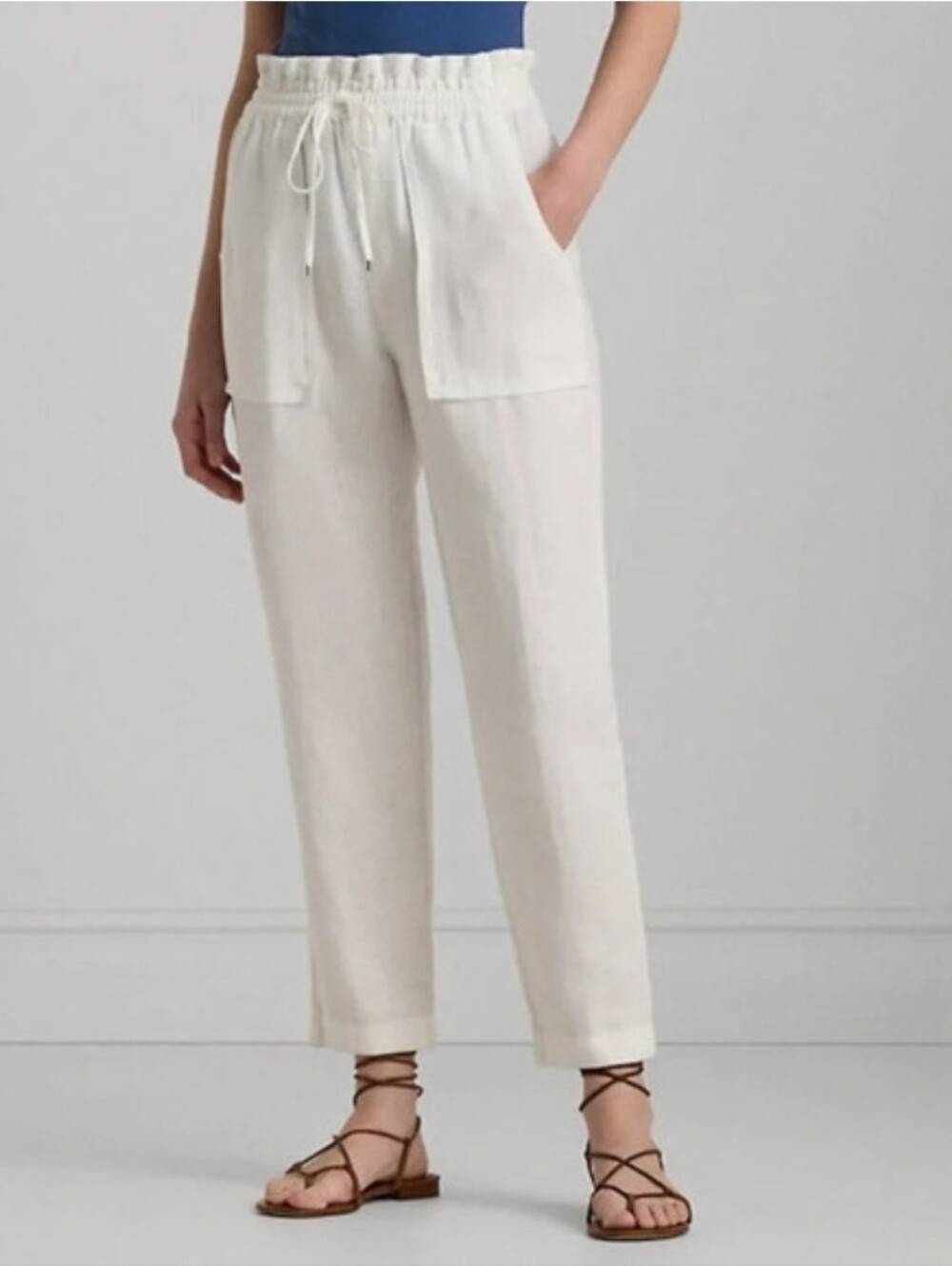 Lauren Ralph Lauren White 100% Linen Drawstring Waist Ankle Pants Size 8